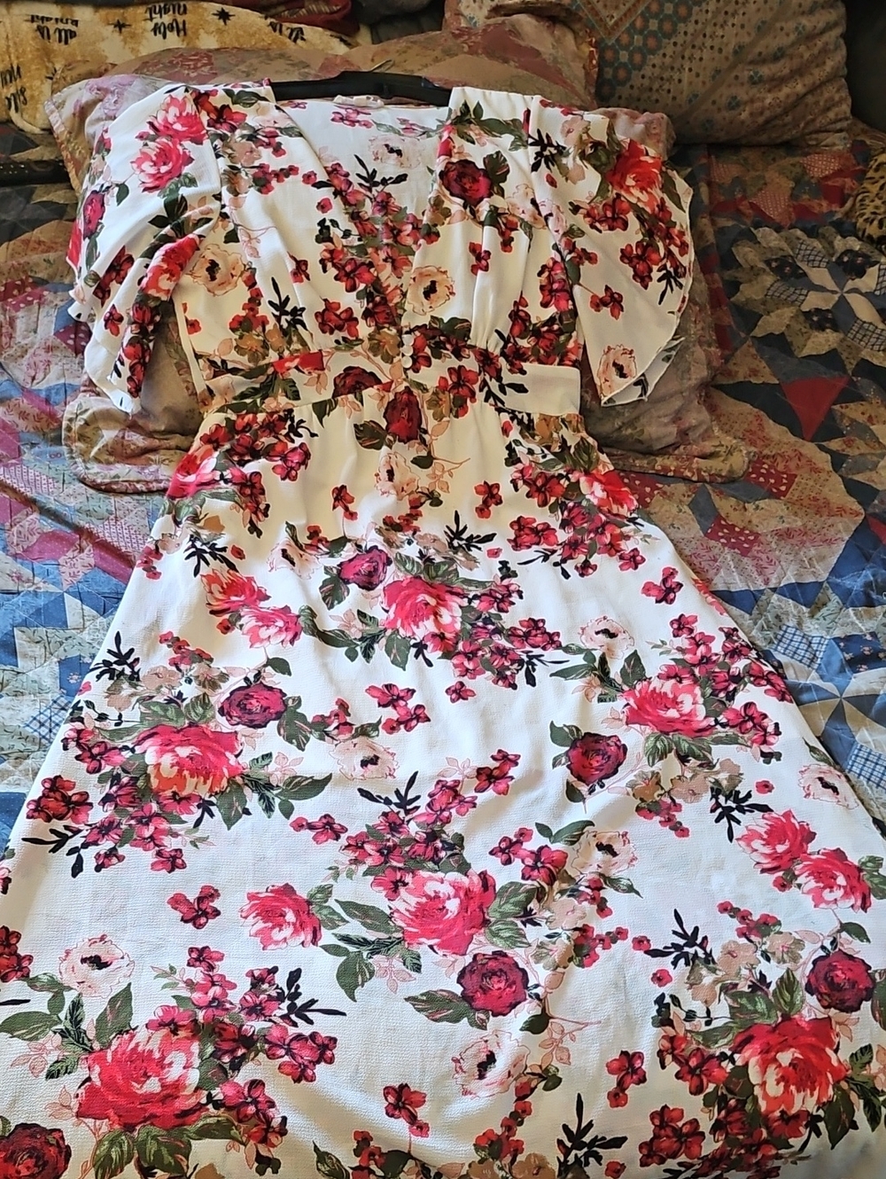 Floral White & Pink V-Neck Midi Dress